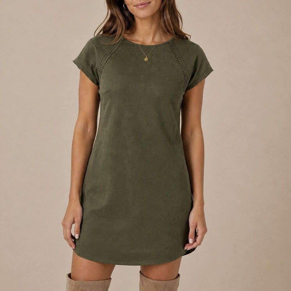 Willy Jay’s Olive Green Faux Suede Shift Dress Womens Medium Short Sleeve